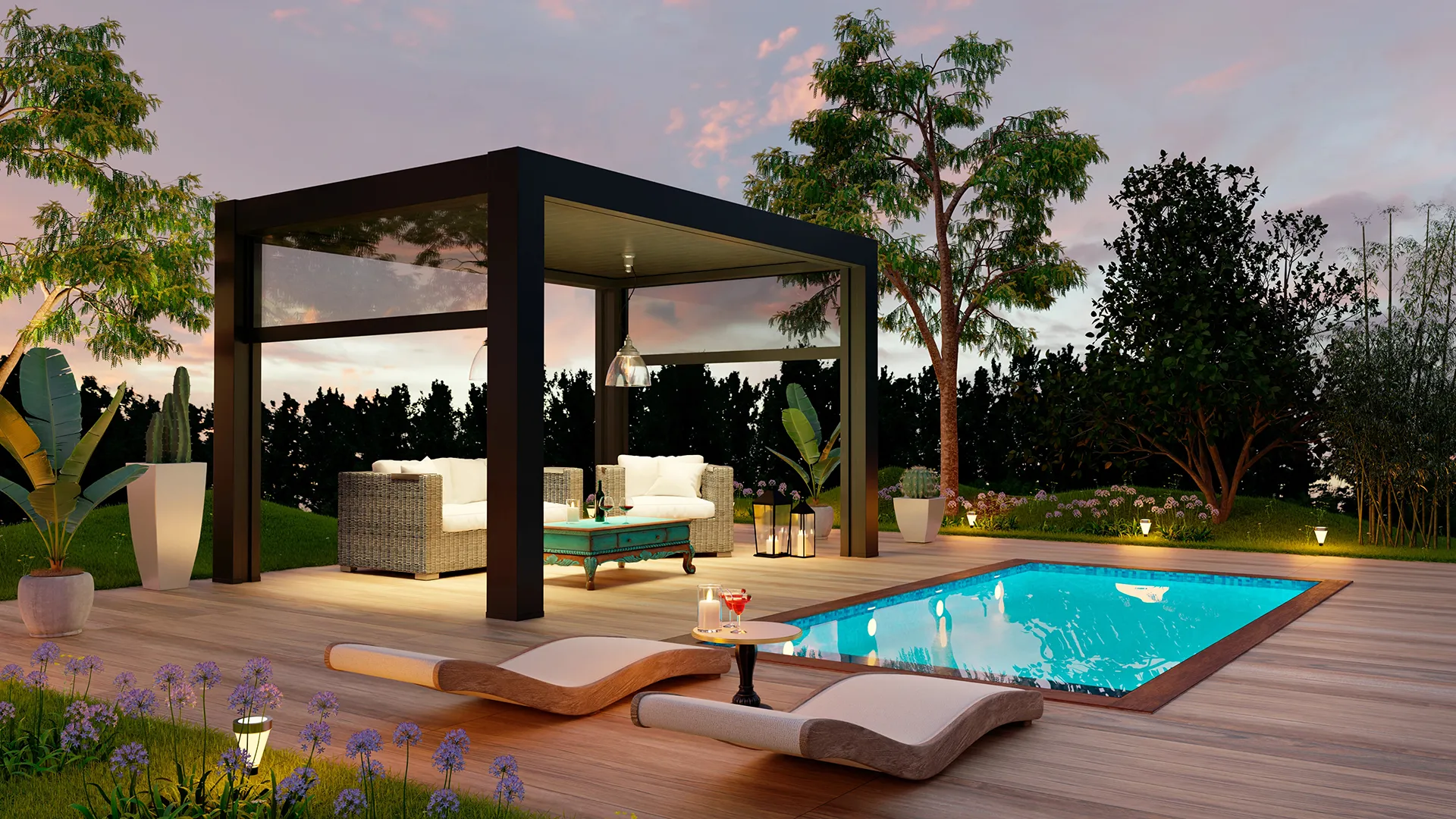 pergola bioclimata illuminata di sera in un giardino con piscina
