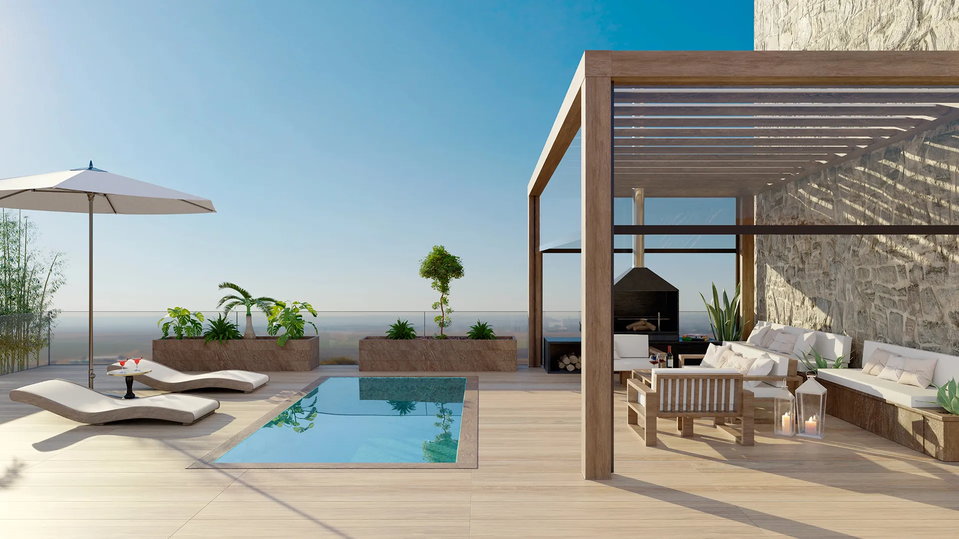 pergola bioclimata che protegge dal sole e crea una zona d'ombra in giardino di giorno