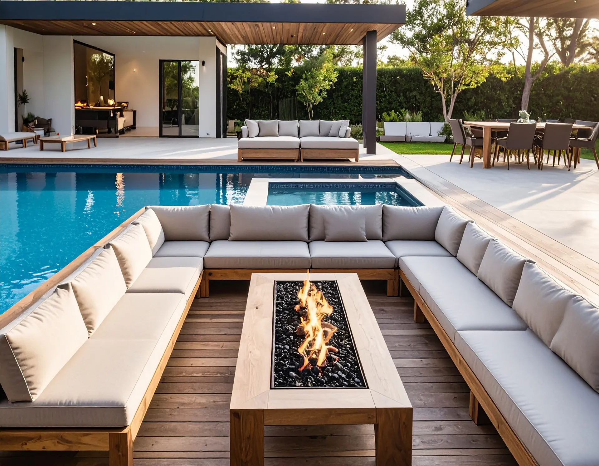 piscina esterna integrata con l'arredo da giardino realizzata da obiettivo piscine